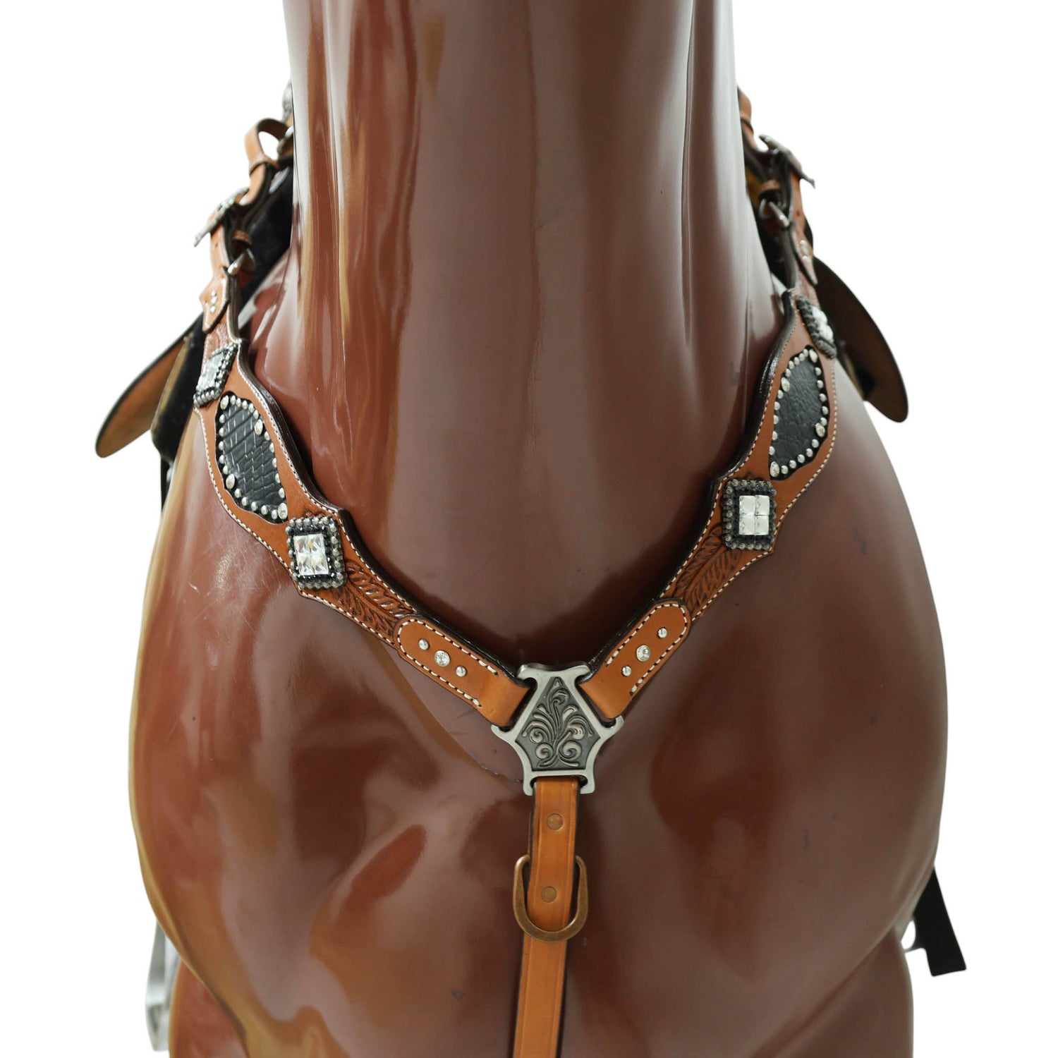 Western Horse Headstall Tack Set with Feather Carving, Black Alligator Leather Inlay, Silver Studs, and Clear Rhinestone Square Hardware MOUSM