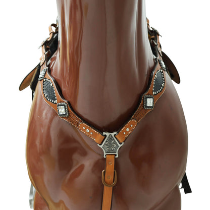 Western Horse Headstall Tack Set with Feather Carving, Black Alligator Leather Inlay, Silver Studs, and Clear Rhinestone Square Hardware MOUSM