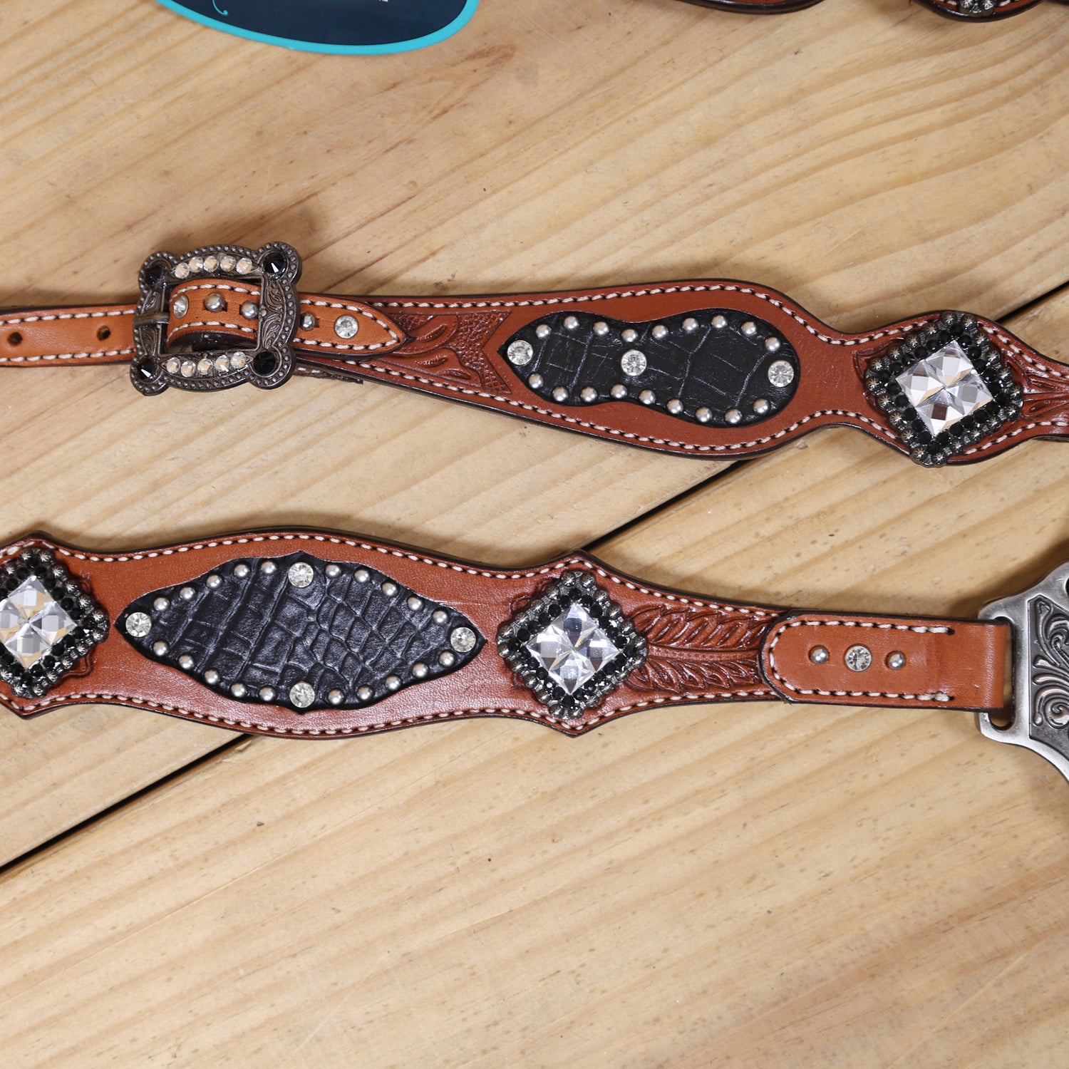 Western Horse Headstall Tack Set with Feather Carving, Black Alligator Leather Inlay, Silver Studs, and Clear Rhinestone Square Hardware MOUSM
