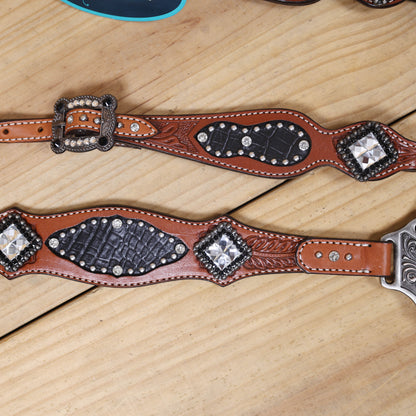 Western Horse Headstall Tack Set with Feather Carving, Black Alligator Leather Inlay, Silver Studs, and Clear Rhinestone Square Hardware MOUSM