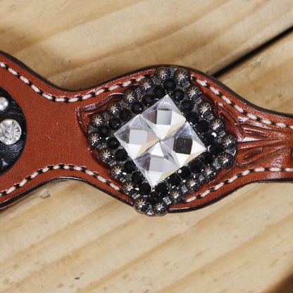 Western Horse Headstall Tack Set with Feather Carving, Black Alligator Leather Inlay, Silver Studs, and Clear Rhinestone Square Hardware MOUSM