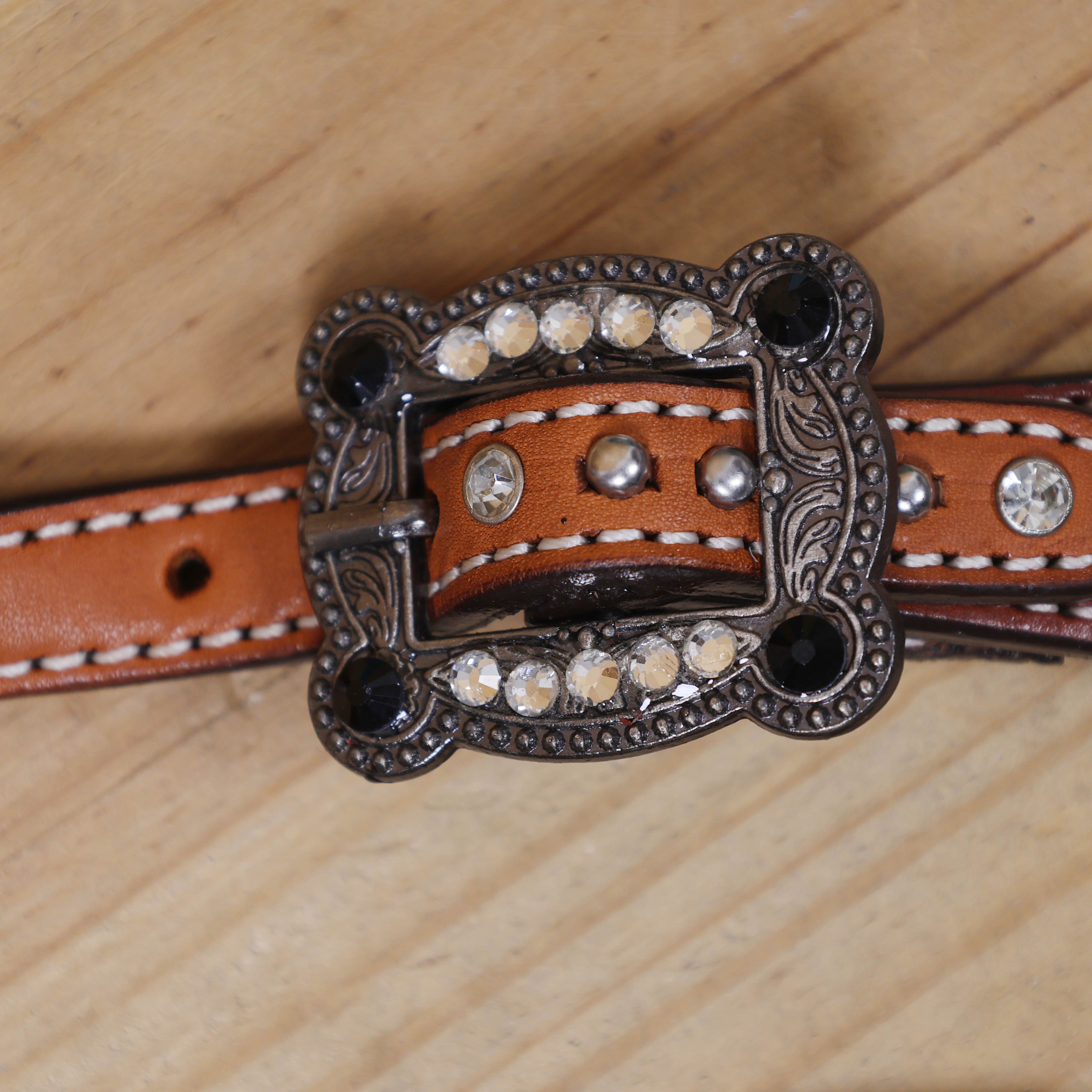 Western Horse Headstall Tack Set with Feather Carving, Black Alligator Leather Inlay, Silver Studs, and Clear Rhinestone Square Hardware MOUSM