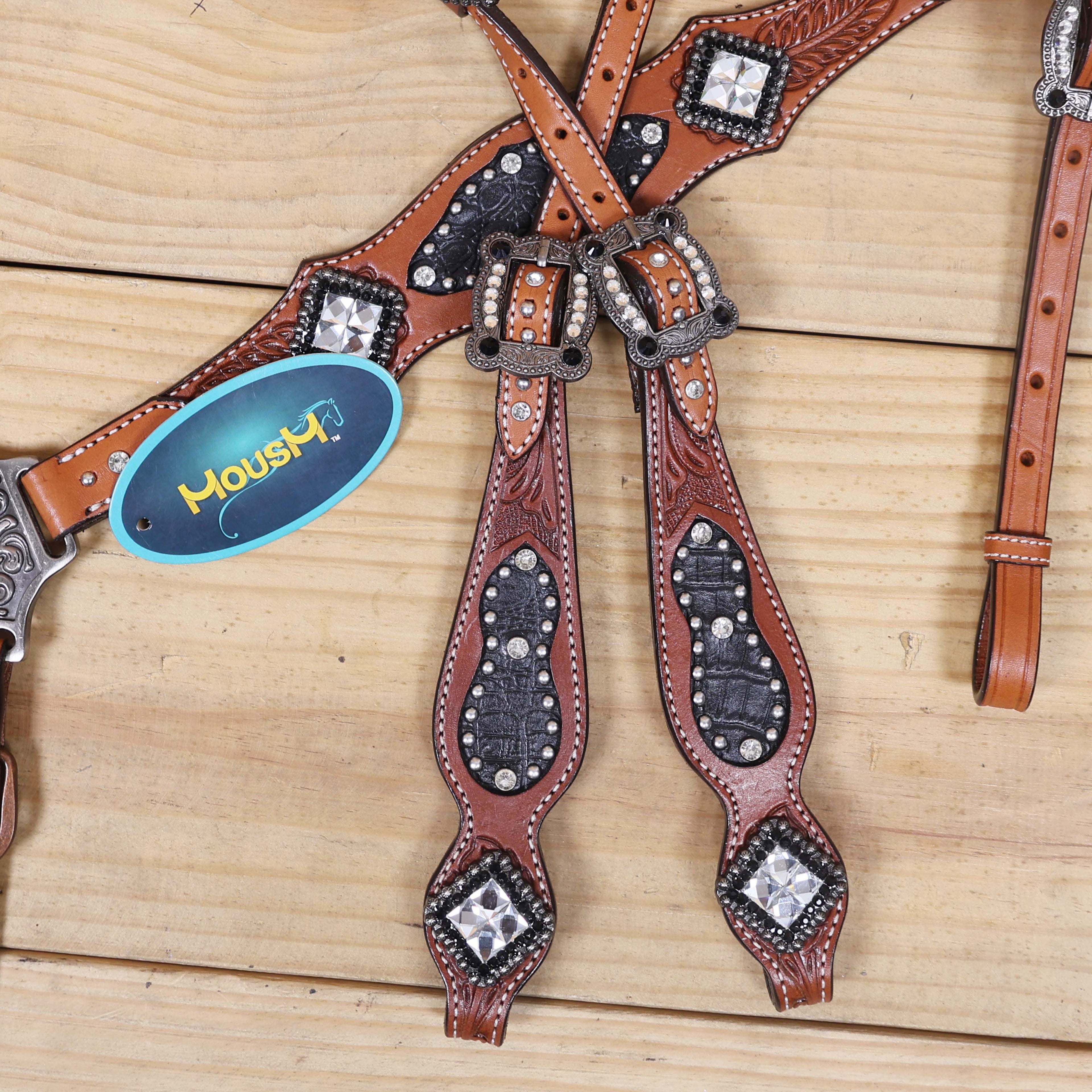 Western Horse Headstall Tack Set with Feather Carving, Black Alligator Leather Inlay, Silver Studs, and Clear Rhinestone Square Hardware MOUSM