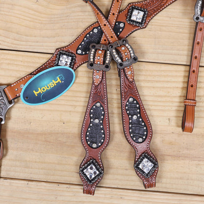 Western Horse Headstall Tack Set with Feather Carving, Black Alligator Leather Inlay, Silver Studs, and Clear Rhinestone Square Hardware MOUSM