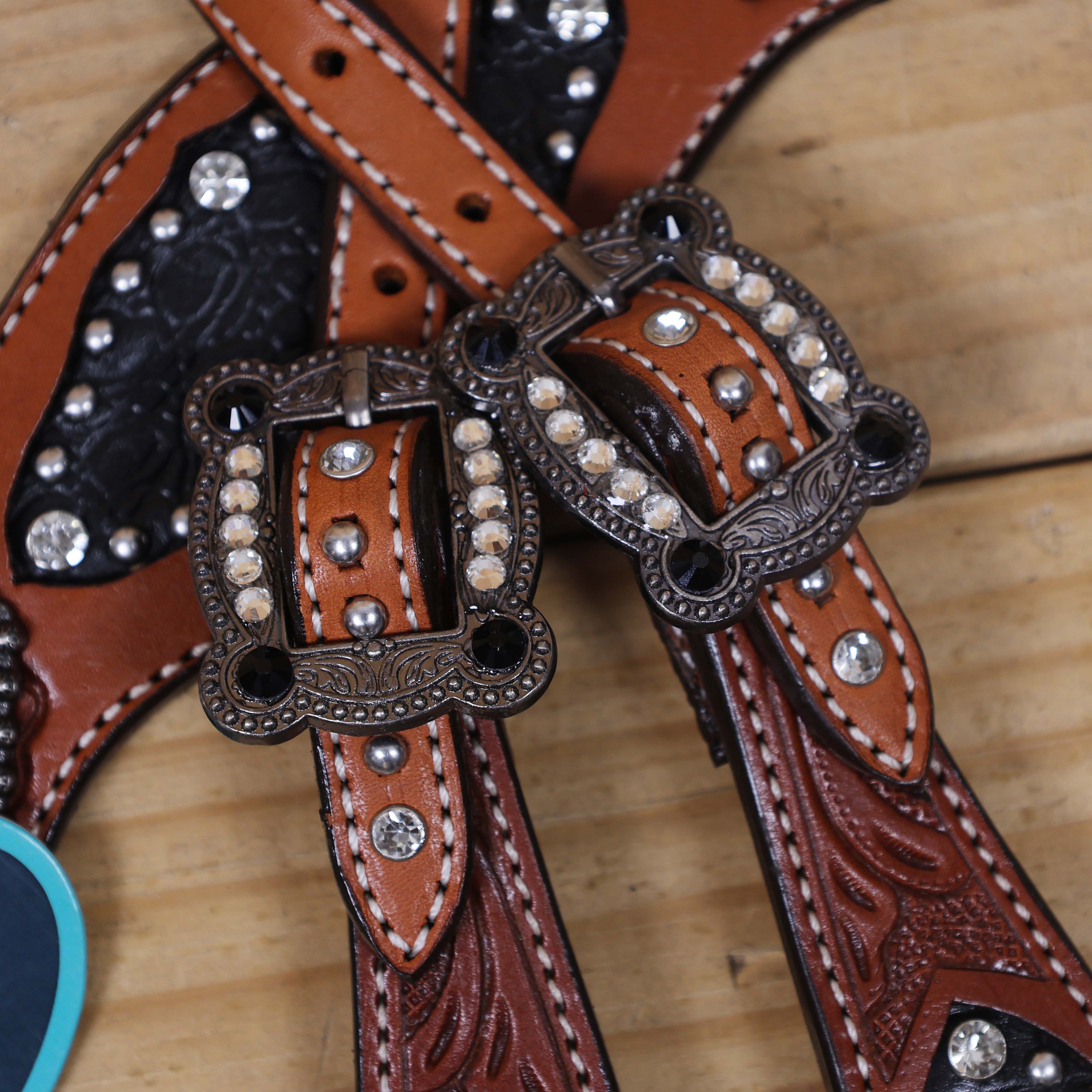 Western Horse Headstall Tack Set with Feather Carving, Black Alligator Leather Inlay, Silver Studs, and Clear Rhinestone Square Hardware MOUSM