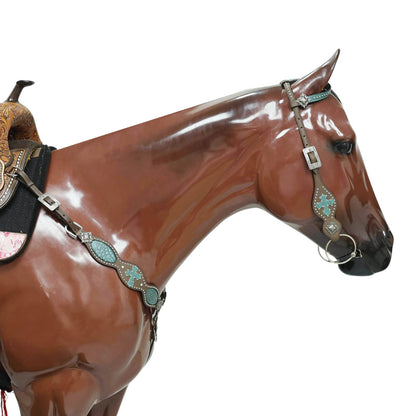 Western Headstall and Breast Collar Set with Turquoise Alligator Skin Textured Inlay, Cross Design Patch, and Silver Studs with Square Berry Conchos MOUSM