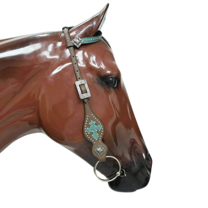 Western Headstall and Breast Collar Set with Turquoise Alligator Skin Textured Inlay, Cross Design Patch, and Silver Studs with Square Berry Conchos MOUSM