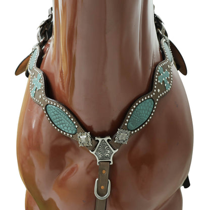 Western Headstall and Breast Collar Set with Turquoise Alligator Skin Textured Inlay, Cross Design Patch, and Silver Studs with Square Berry Conchos MOUSM