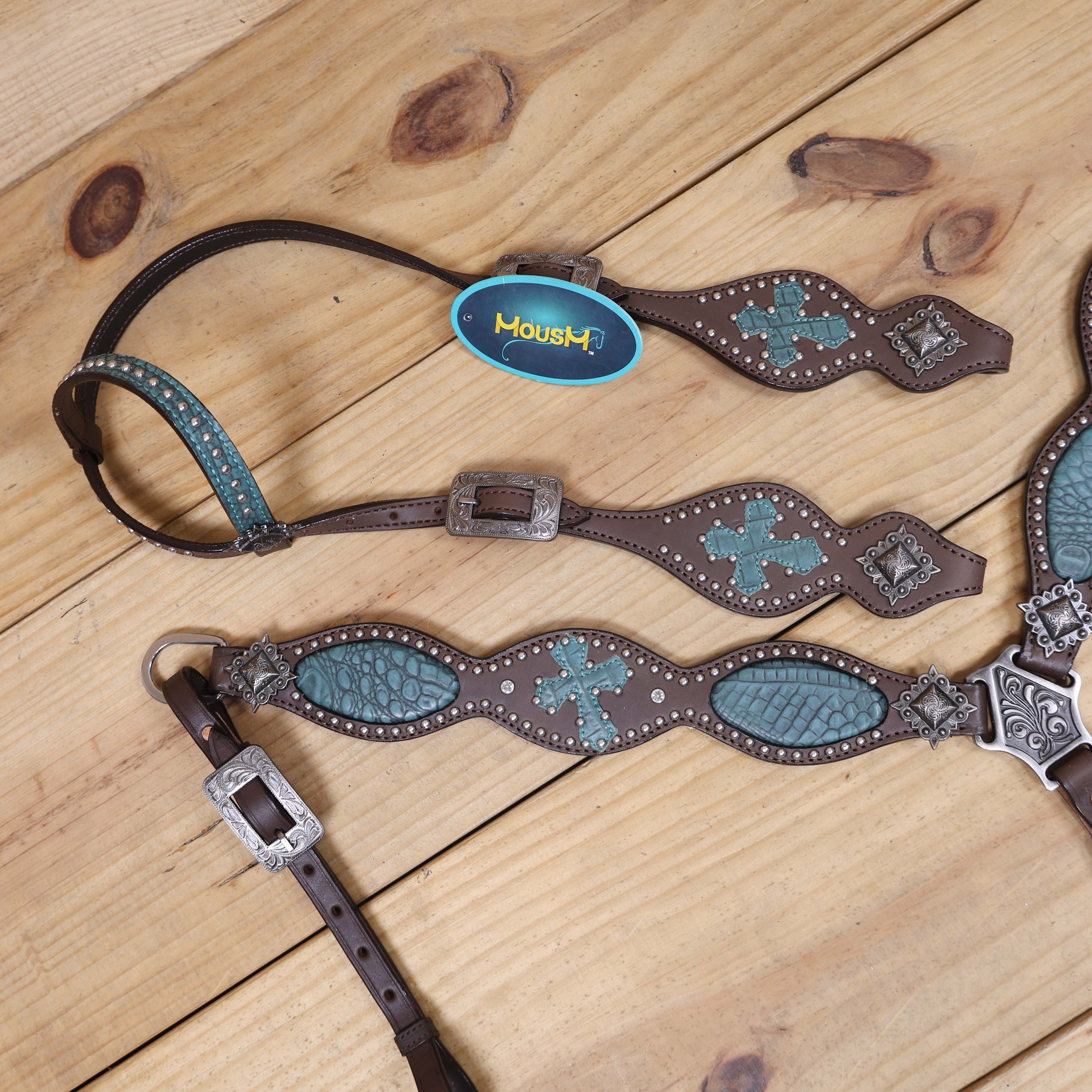 Western Headstall and Breast Collar Set with Turquoise Alligator Skin Textured Inlay, Cross Design Patch, and Silver Studs with Square Berry Conchos MOUSM