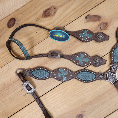 Western Headstall and Breast Collar Set with Turquoise Alligator Skin Textured Inlay, Cross Design Patch, and Silver Studs with Square Berry Conchos MOUSM