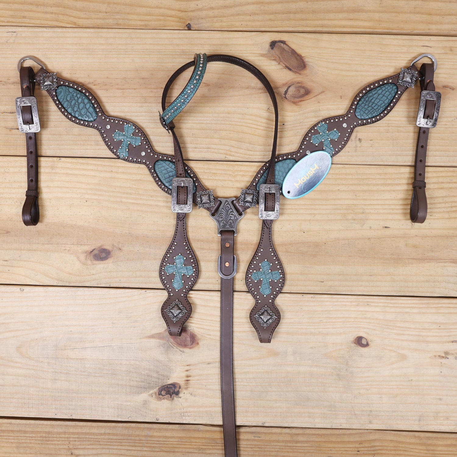 western headstall and breast collar  argentina cow leather with turquoise inlay and silver studs across patch design