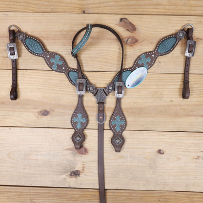 western headstall and breast collar  argentina cow leather with turquoise inlay and silver studs across patch design