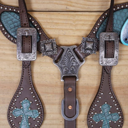 Western Headstall and Breast Collar Set with Turquoise Alligator Skin Textured Inlay, Cross Design Patch, and Silver Studs with Square Berry Conchos MOUSM