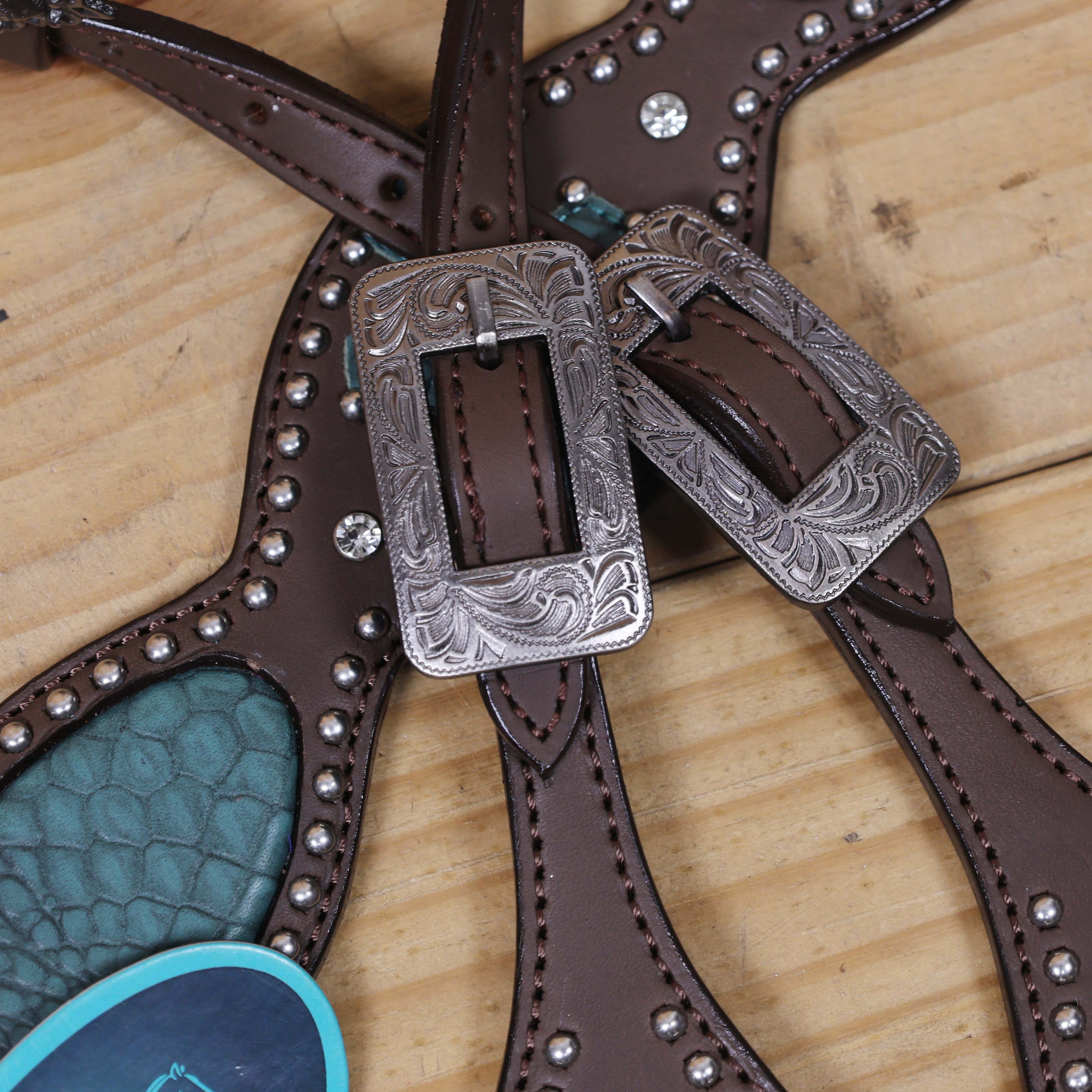 Western Headstall and Breast Collar Set with Turquoise Alligator Skin Textured Inlay, Cross Design Patch, and Silver Studs with Square Berry Conchos MOUSM