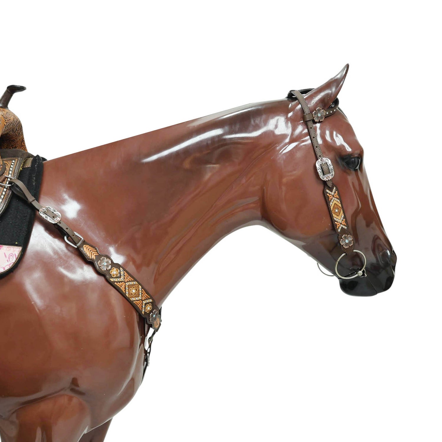 Western Horse Headstall and Breast Collar Set with Arrow Style Copper Raw Hide Braiding and Geometric Flower Carving and Big Flower Conchos MOUSM