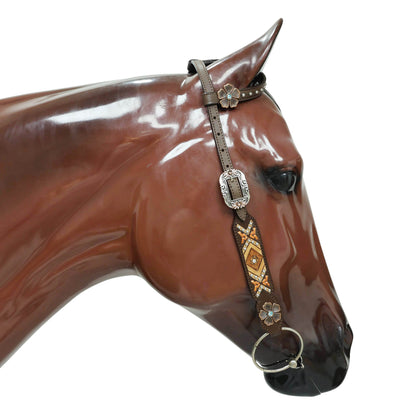 Western Horse Headstall and Breast Collar Set with Arrow Style Copper Raw Hide Braiding and Geometric Flower Carving and Big Flower Conchos MOUSM