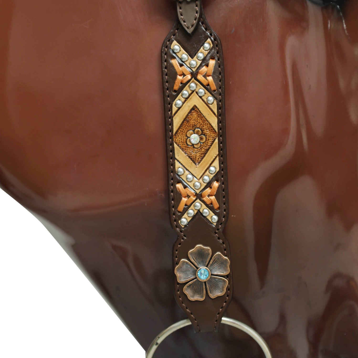 Western Horse Headstall and Breast Collar Set with Arrow Style Copper Raw Hide Braiding and Geometric Flower Carving and Big Flower Conchos MOUSM