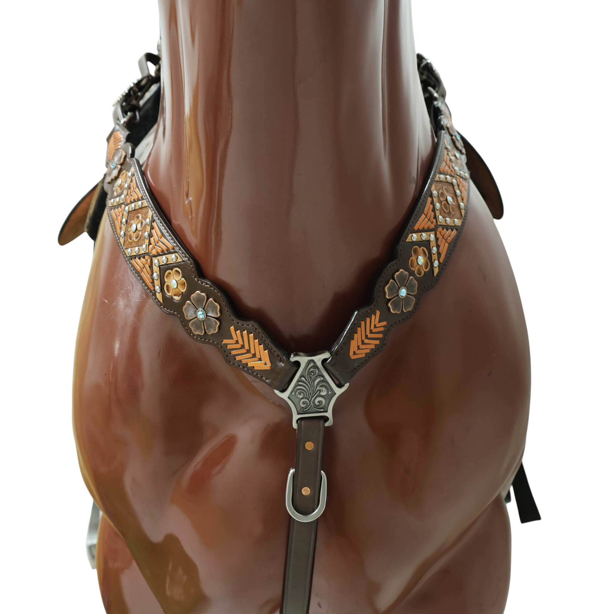 Western Horse Headstall and Breast Collar Set with Arrow Style Copper Raw Hide Braiding and Geometric Flower Carving and Big Flower Conchos MOUSM