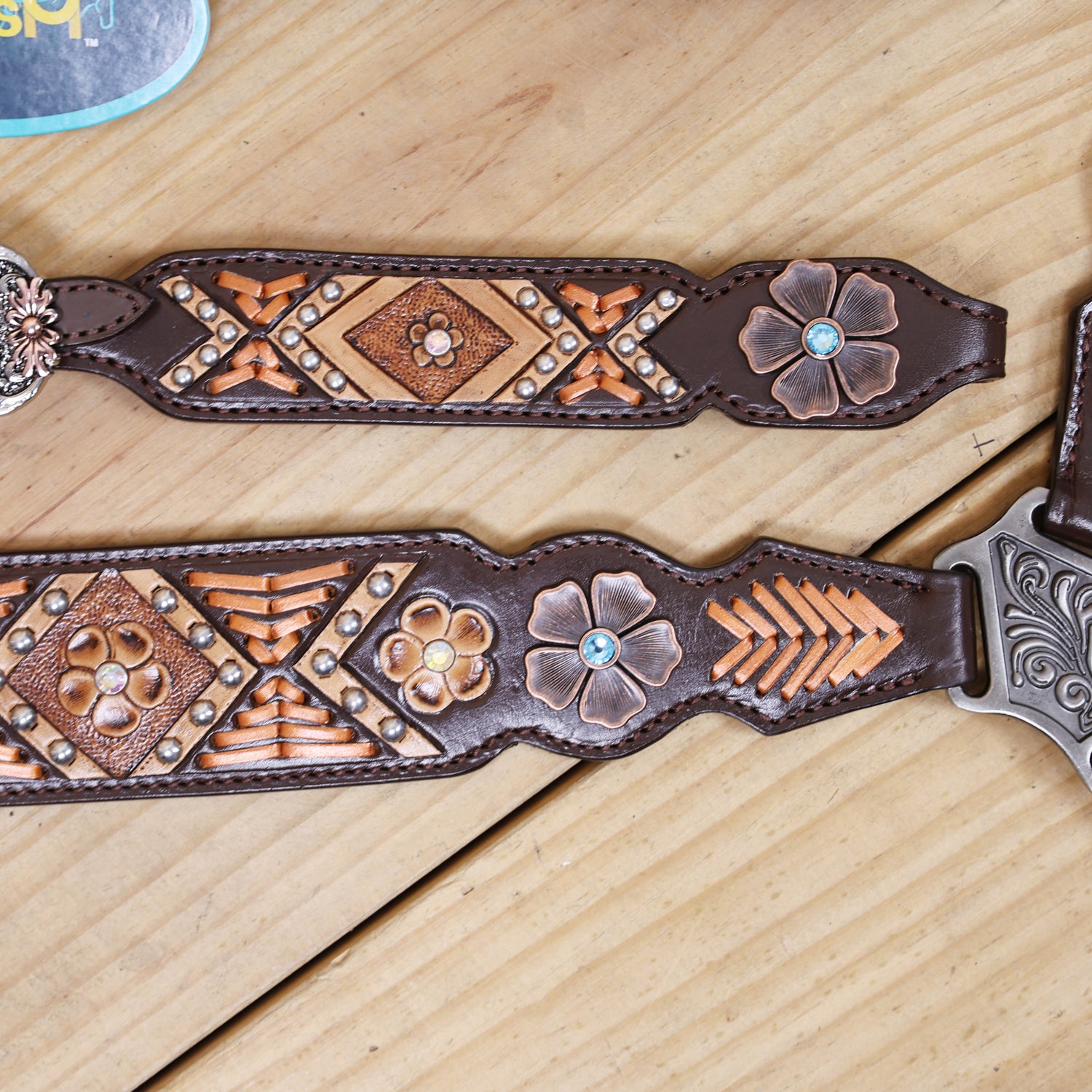 Western Horse Headstall and Breast Collar Set with Arrow Style Copper Raw Hide Braiding and Geometric Flower Carving and Big Flower Conchos MOUSM