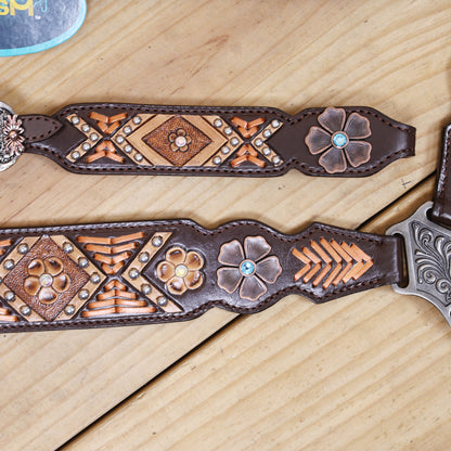 Western Horse Headstall and Breast Collar Set with Arrow Style Copper Raw Hide Braiding and Geometric Flower Carving and Big Flower Conchos MOUSM