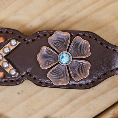 Western Horse Headstall and Breast Collar Set with Arrow Style Copper Raw Hide Braiding and Geometric Flower Carving and Big Flower Conchos MOUSM