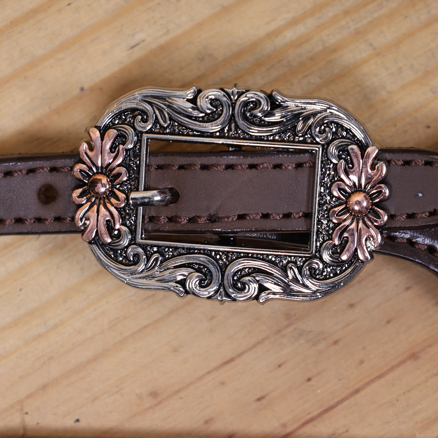 Western Horse Headstall and Breast Collar Set with Arrow Style Copper Raw Hide Braiding and Geometric Flower Carving and Big Flower Conchos MOUSM