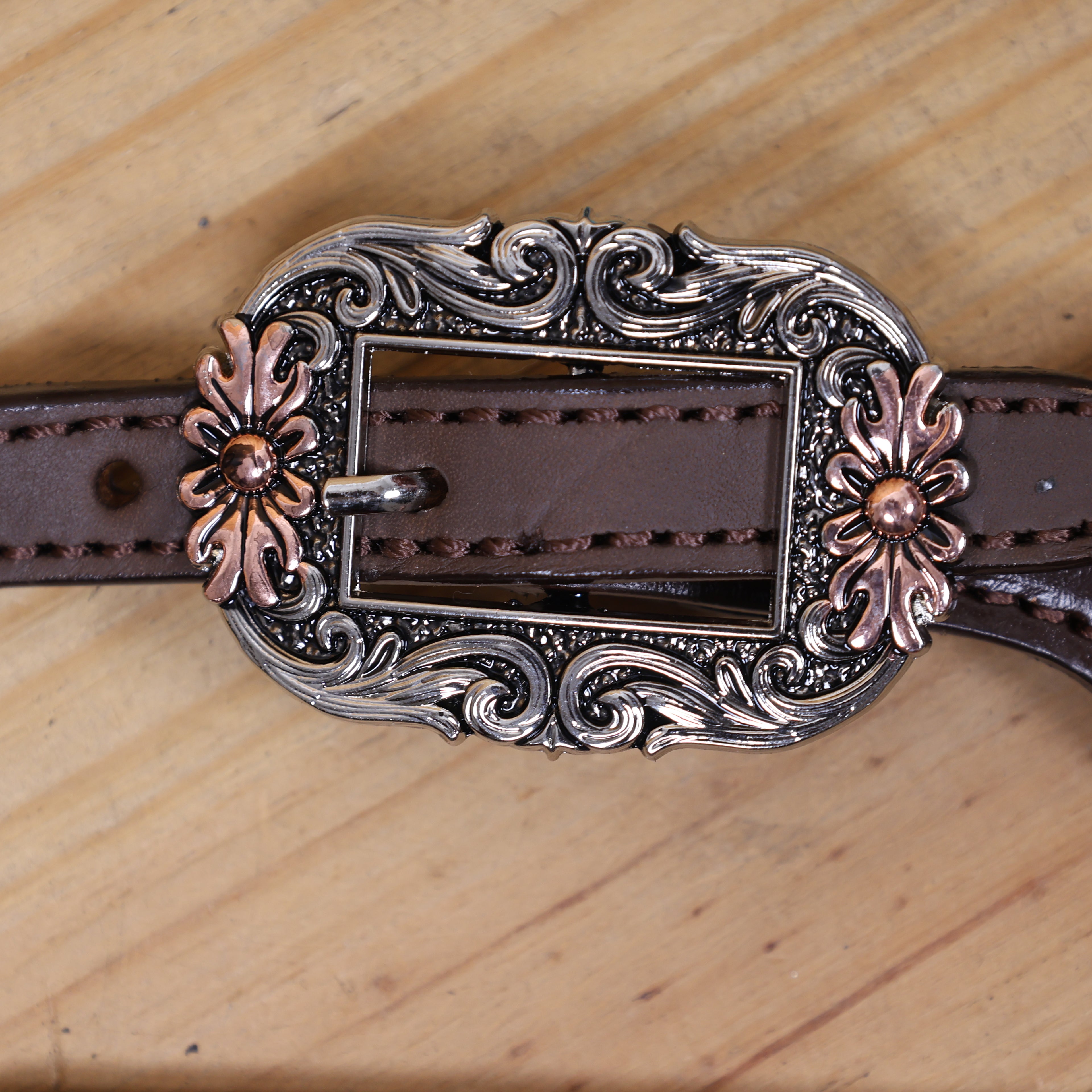 Western Horse Headstall and Breast Collar Set with Arrow Style Copper Raw Hide Braiding and Geometric Flower Carving and Big Flower Conchos MOUSM