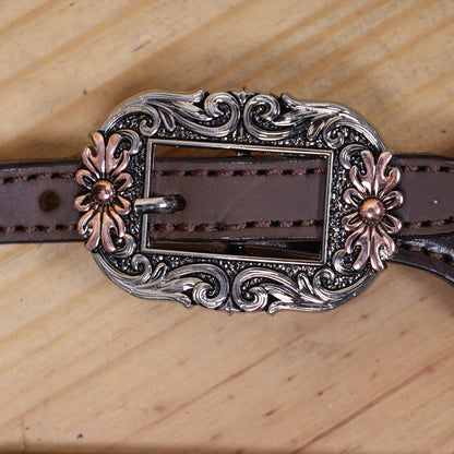 Western Horse Headstall and Breast Collar Set with Arrow Style Copper Raw Hide Braiding and Geometric Flower Carving and Big Flower Conchos MOUSM