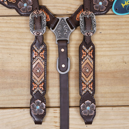 Western Horse Headstall and Breast Collar Set with Arrow Style Copper Raw Hide Braiding and Geometric Flower Carving and Big Flower Conchos MOUSM