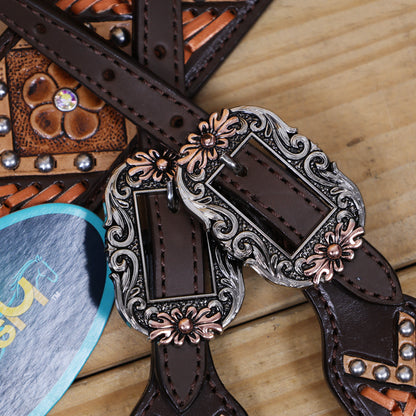 Western Horse Headstall and Breast Collar Set with Arrow Style Copper Raw Hide Braiding and Geometric Flower Carving and Big Flower Conchos MOUSM