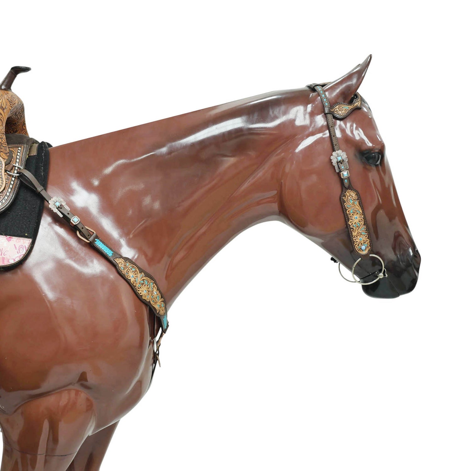 Western Horse Headstall Tack Set Decorated with Turquoise Criss Cross Rawhide Braiding with Flower Filigree Carving with Turquoise Inlay MOUSM