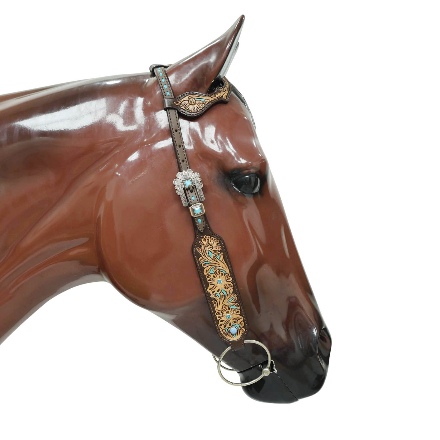 Western Horse Headstall Tack Set Decorated with Turquoise Criss Cross Rawhide Braiding with Flower Filigree Carving with Turquoise Inlay MOUSM