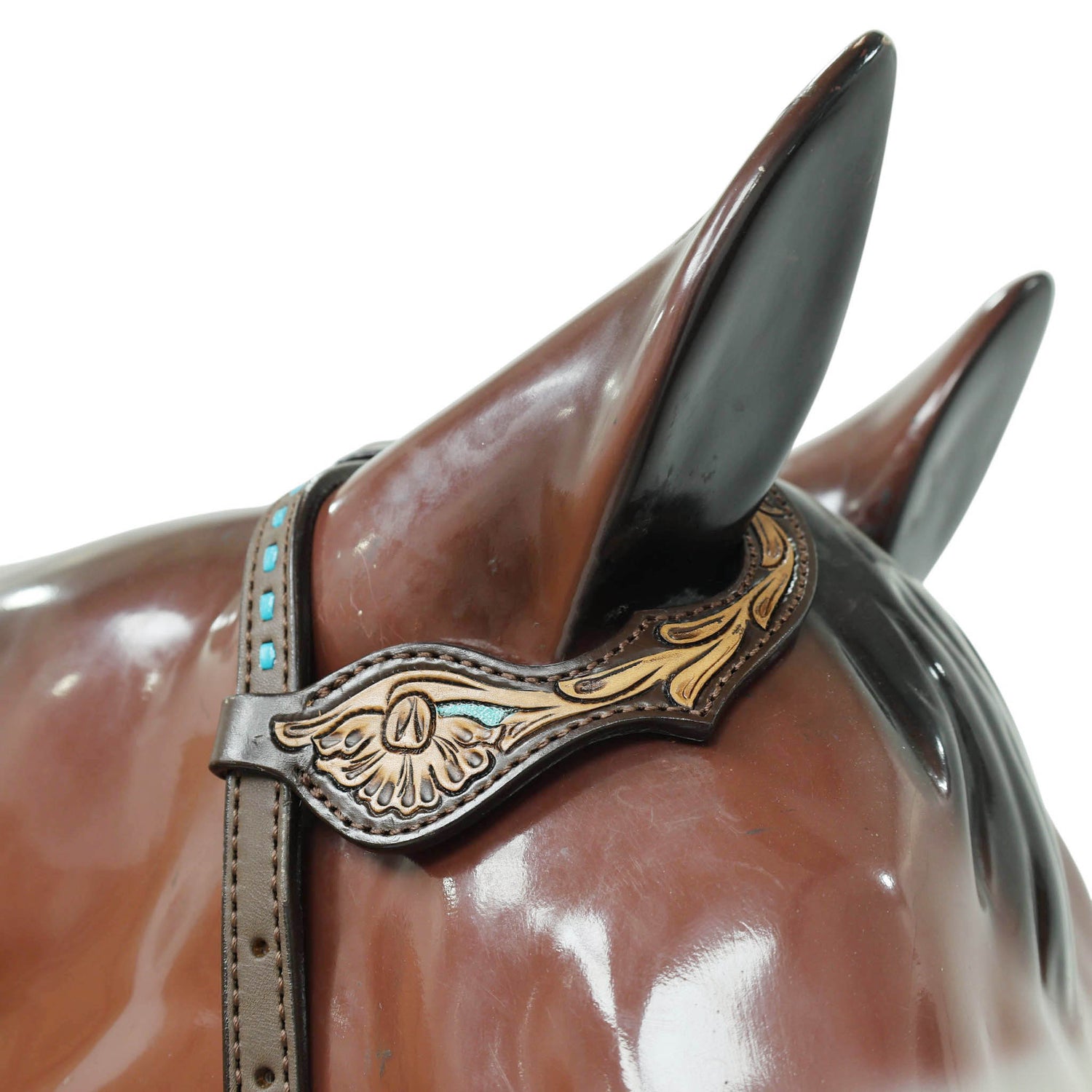 Western Horse Headstall Tack Set Decorated with Turquoise Criss Cross Rawhide Braiding with Flower Filigree Carving with Turquoise Inlay MOUSM