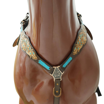 Western Horse Headstall Tack Set Decorated with Turquoise Criss Cross Rawhide Braiding with Flower Filigree Carving with Turquoise Inlay MOUSM