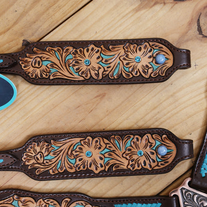 Western Horse Headstall Tack Set Decorated with Turquoise Criss Cross Rawhide Braiding with Flower Filigree Carving with Turquoise Inlay MOUSM