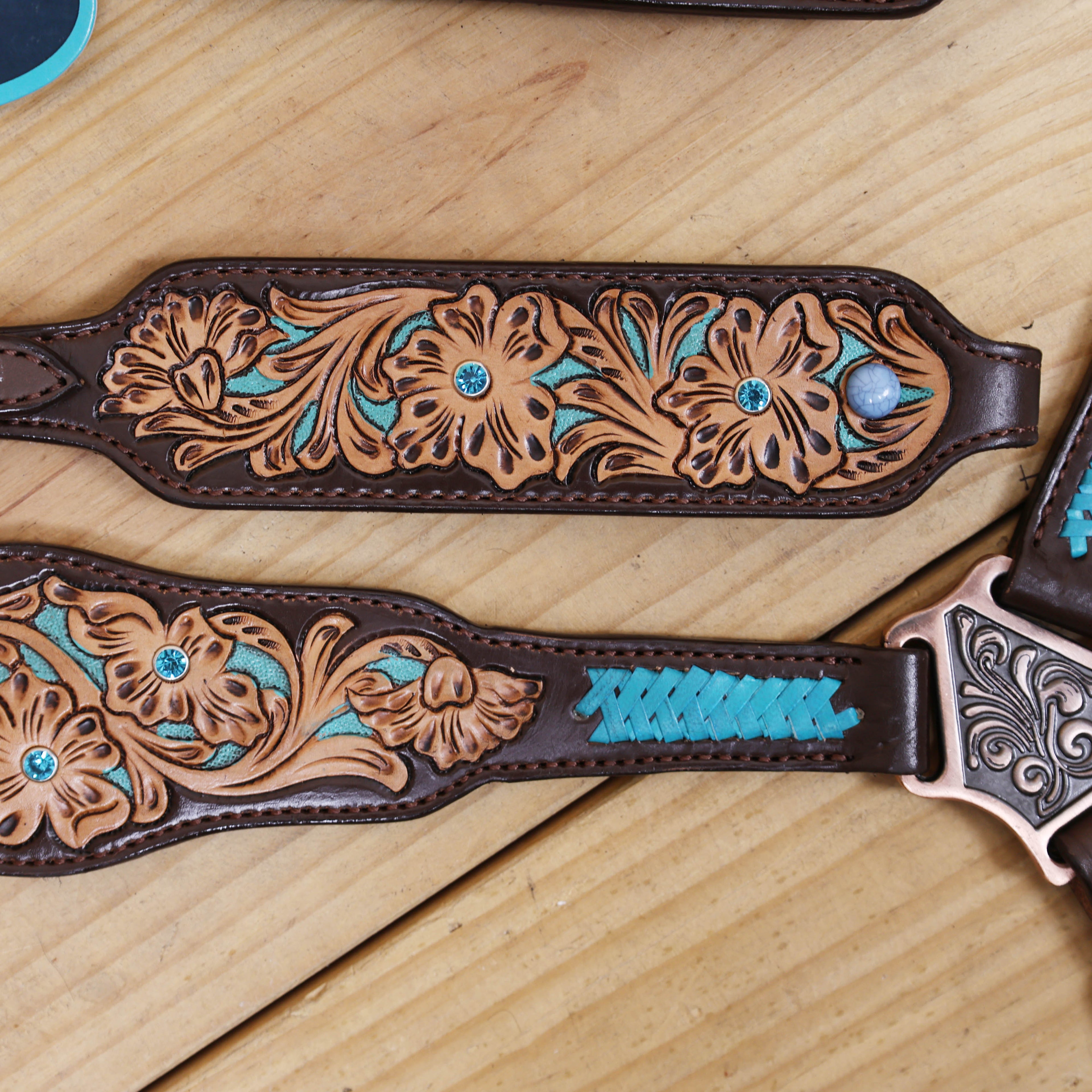 Western Horse Headstall Tack Set Decorated with Turquoise Criss Cross Rawhide Braiding with Flower Filigree Carving with Turquoise Inlay MOUSM