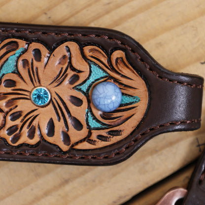 Western Horse Headstall Tack Set Decorated with Turquoise Criss Cross Rawhide Braiding with Flower Filigree Carving with Turquoise Inlay MOUSM