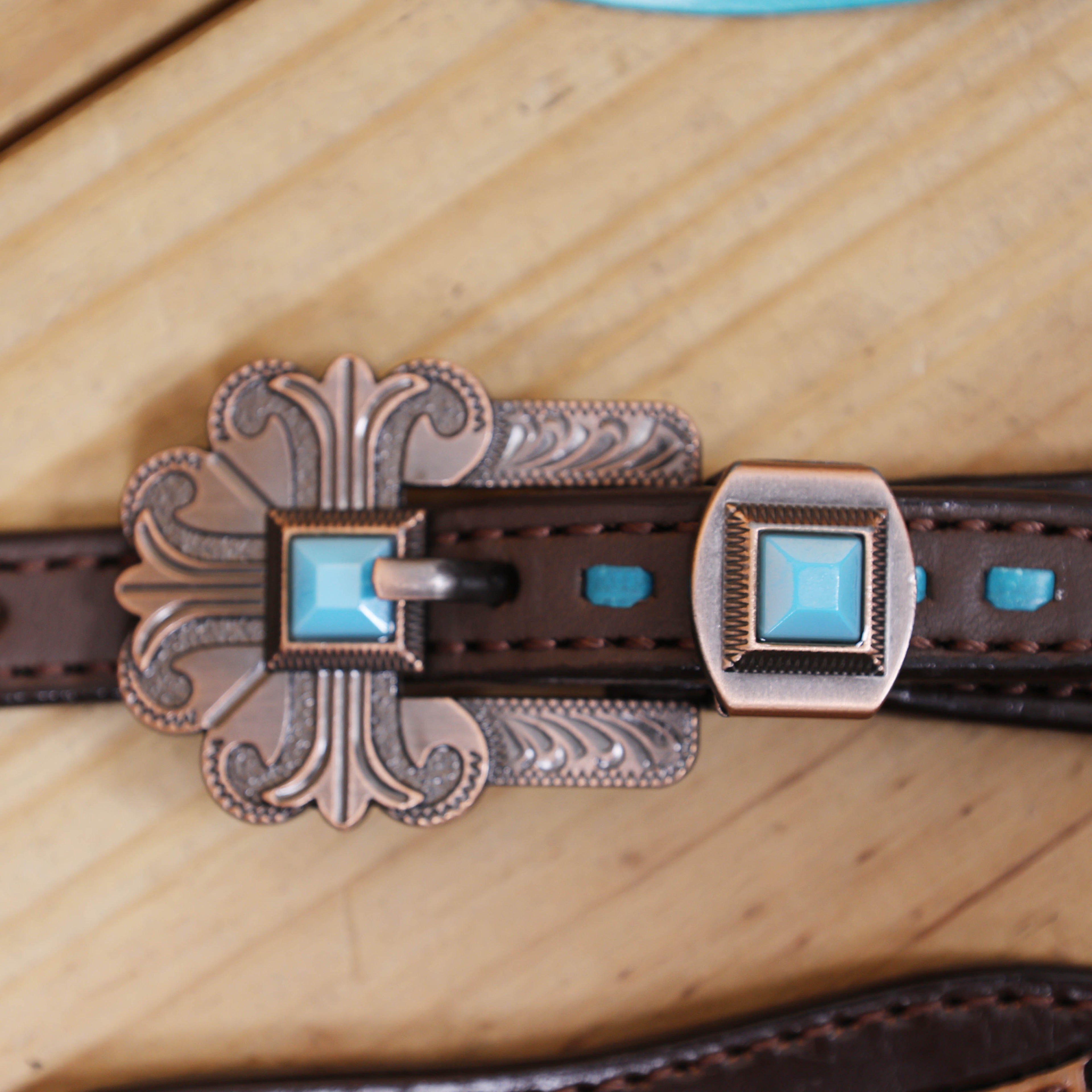 Western Horse Headstall Tack Set Decorated with Turquoise Criss Cross Rawhide Braiding with Flower Filigree Carving with Turquoise Inlay MOUSM
