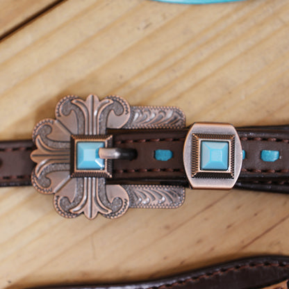 Western Horse Headstall Tack Set Decorated with Turquoise Criss Cross Rawhide Braiding with Flower Filigree Carving with Turquoise Inlay MOUSM