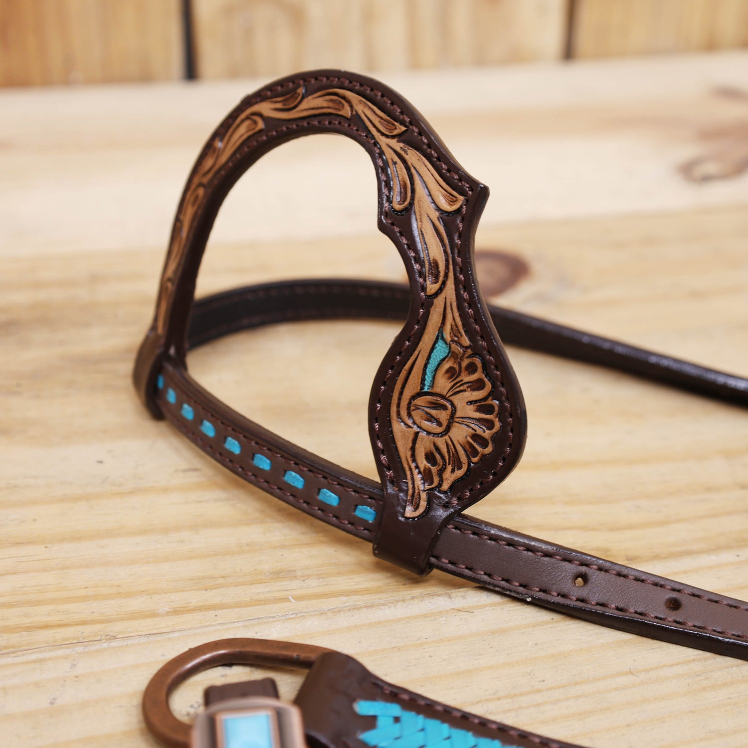 Western Horse Headstall Tack Set Decorated with Turquoise Criss Cross Rawhide Braiding with Flower Filigree Carving with Turquoise Inlay MOUSM