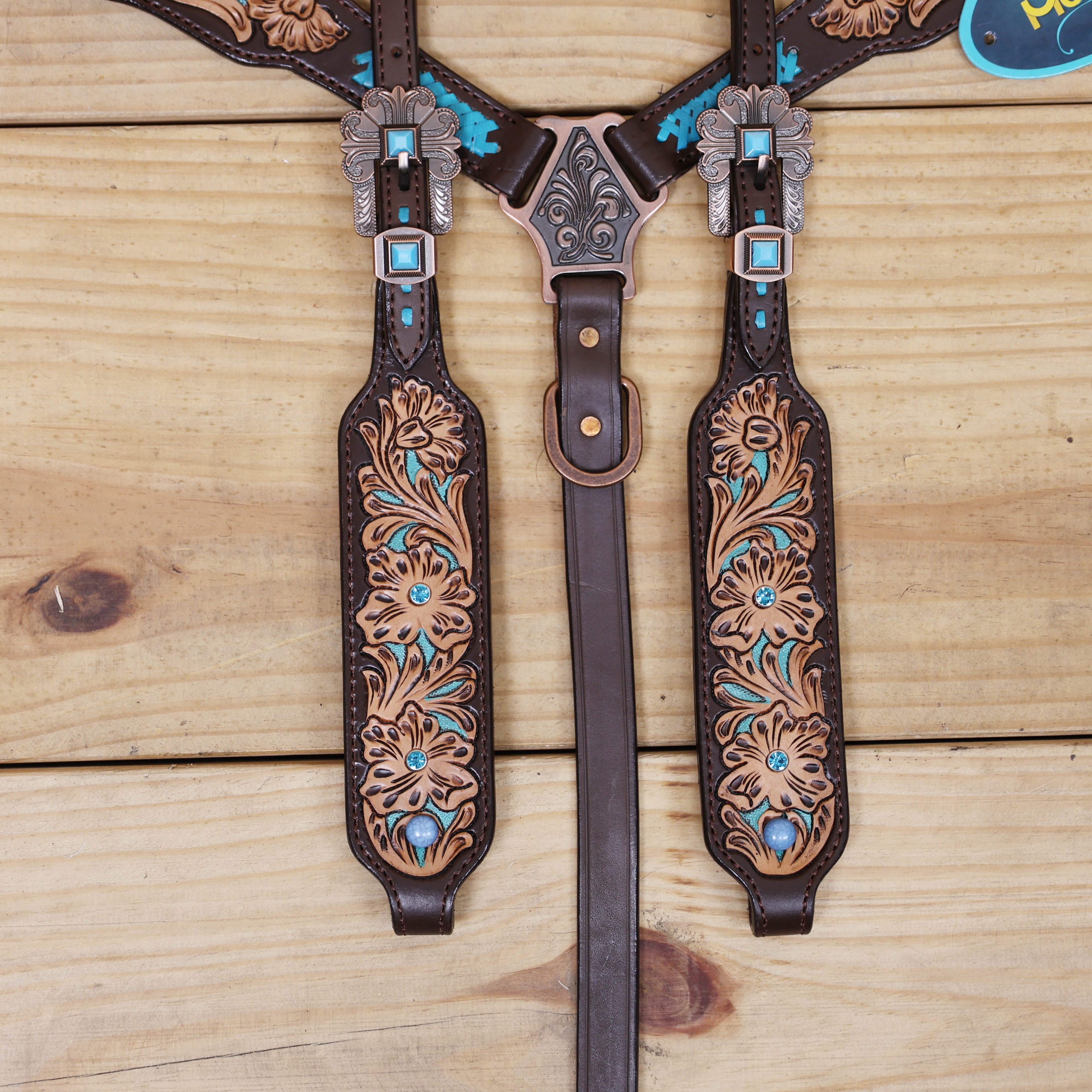Western Horse Headstall Tack Set Decorated with Turquoise Criss Cross Rawhide Braiding with Flower Filigree Carving with Turquoise Inlay MOUSM