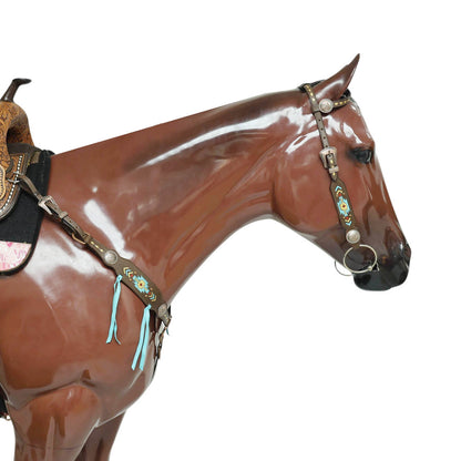 Western Horse Headstall Set Decorated with Geometrical Tooling with Golden Turquoise Hand Painting, Cross Arrow Concho with Turquoise Laces MOUSM