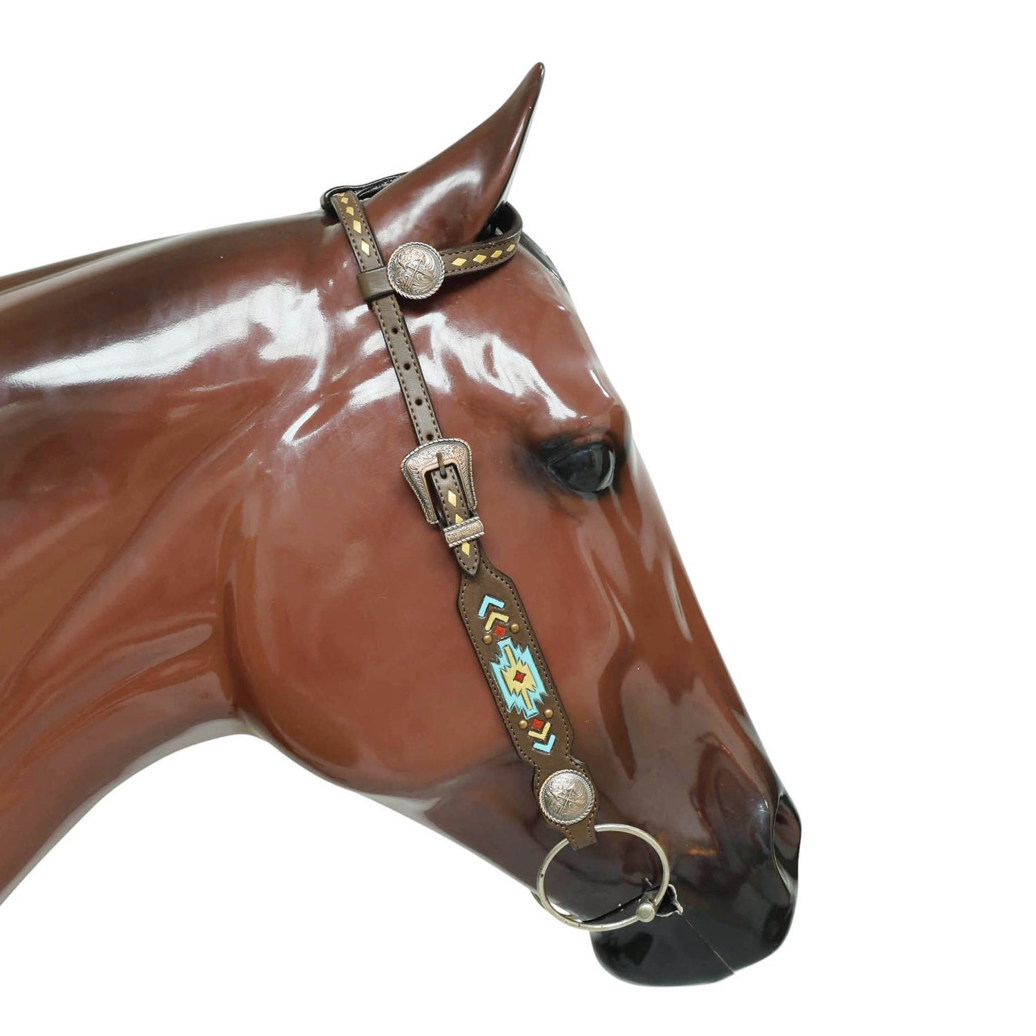 Western Horse Headstall Set Decorated with Geometrical Tooling with Golden Turquoise Hand Painting, Cross Arrow Concho with Turquoise Laces MOUSM