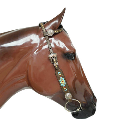 Western Horse Headstall Set Decorated with Geometrical Tooling with Golden Turquoise Hand Painting, Cross Arrow Concho with Turquoise Laces MOUSM