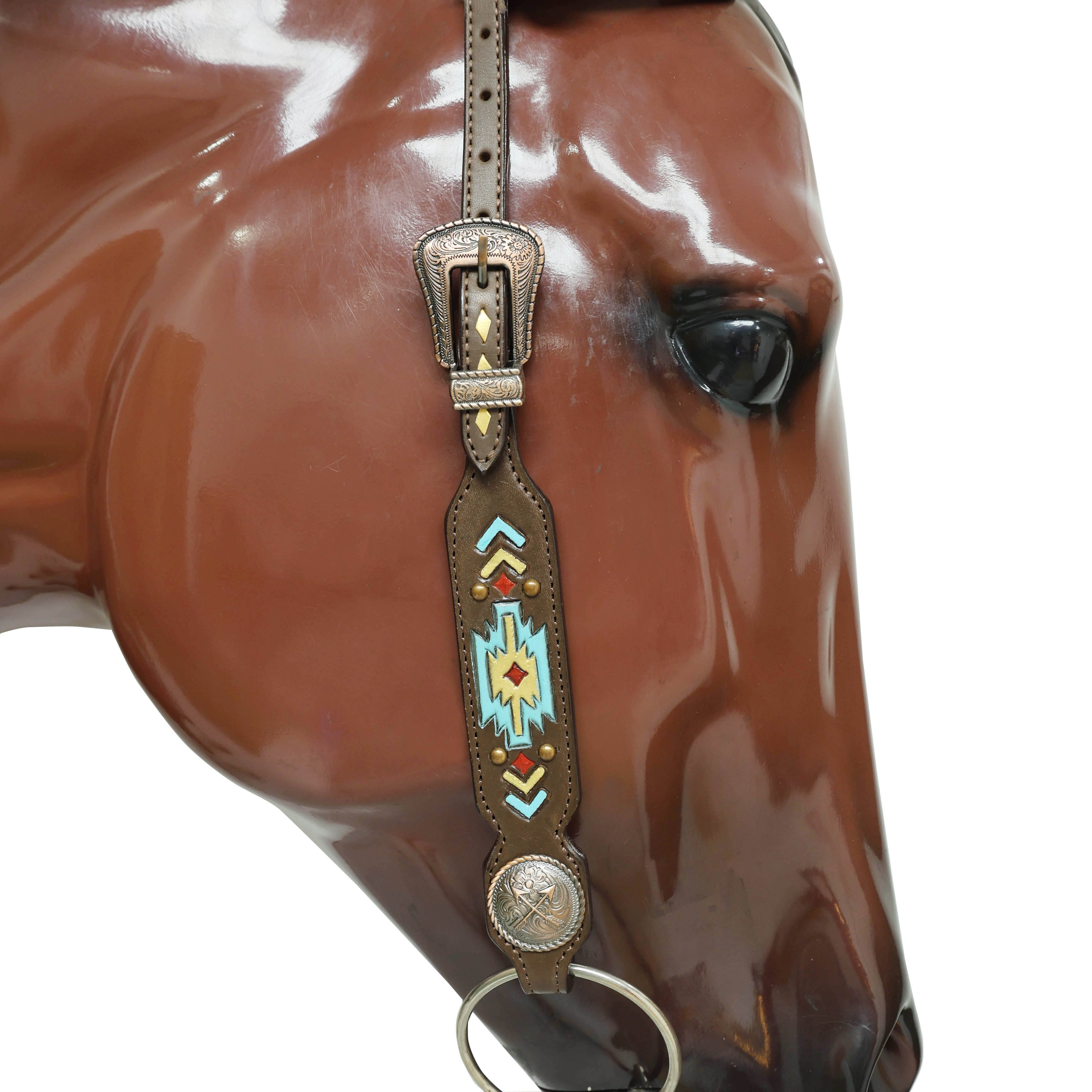 Western Horse Headstall Set Decorated with Geometrical Tooling with Golden Turquoise Hand Painting, Cross Arrow Concho with Turquoise Laces MOUSM