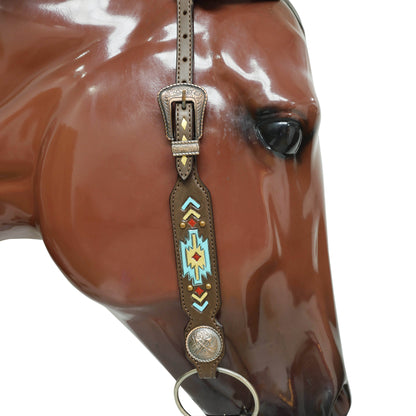 Western Horse Headstall Set Decorated with Geometrical Tooling with Golden Turquoise Hand Painting, Cross Arrow Concho with Turquoise Laces MOUSM