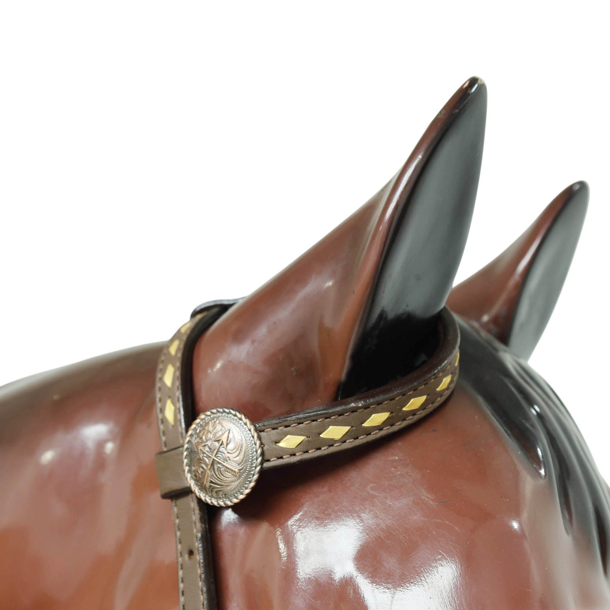 Western Horse Headstall Set Decorated with Geometrical Tooling with Golden Turquoise Hand Painting, Cross Arrow Concho with Turquoise Laces MOUSM