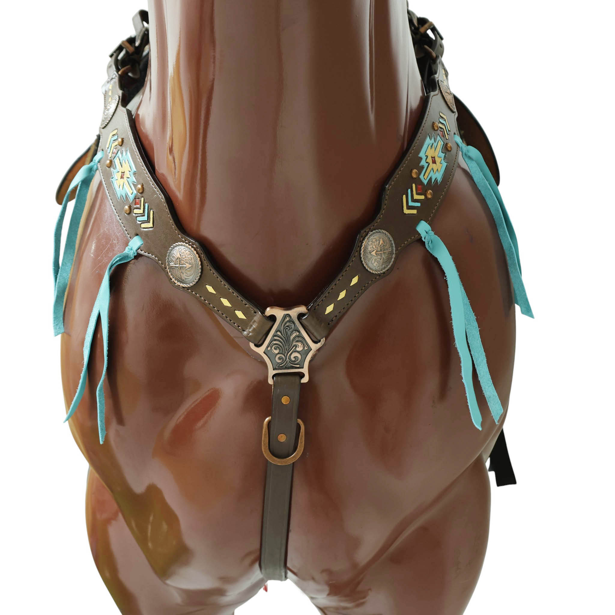 Western Horse Headstall Set Decorated with Geometrical Tooling with Golden Turquoise Hand Painting, Cross Arrow Concho with Turquoise Laces MOUSM