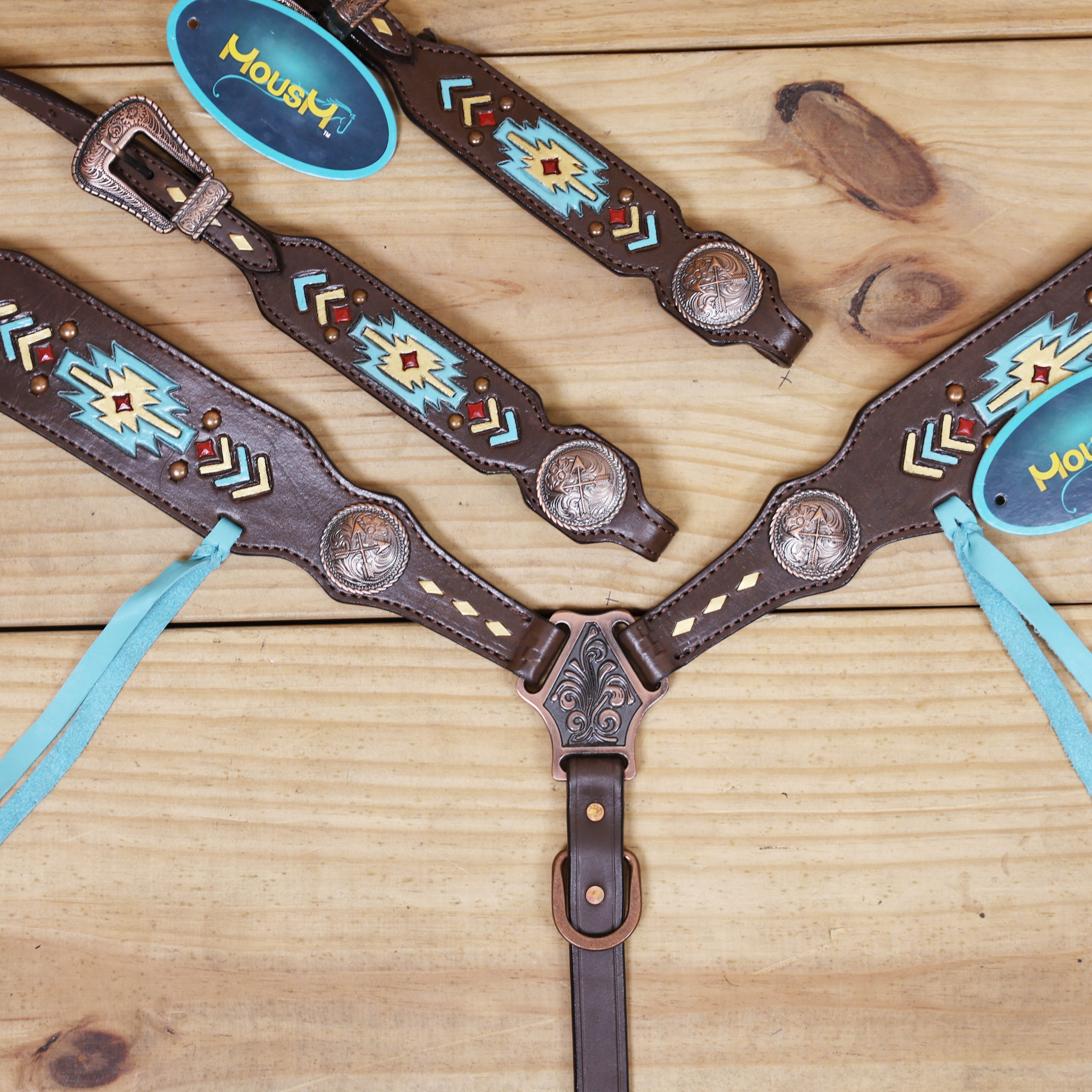 Western Horse Headstall Set Decorated with Geometrical Tooling with Golden Turquoise Hand Painting, Cross Arrow Concho with Turquoise Laces MOUSM