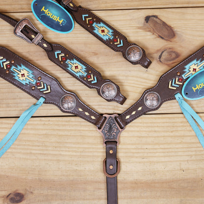 Western Horse Headstall Set Decorated with Geometrical Tooling with Golden Turquoise Hand Painting, Cross Arrow Concho with Turquoise Laces MOUSM